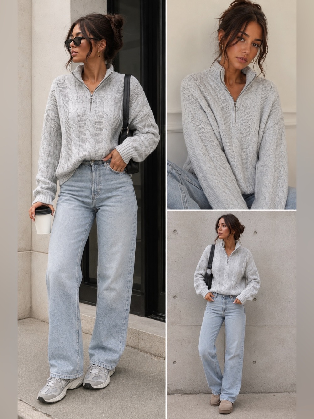SO Cable Knit Quarter Zip Sweater Light Gray Cozy Chunky Knit XL